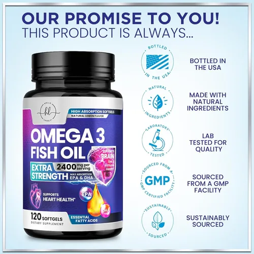 Miniatura 4 de Suplementos de aceite de pescado Omega 3 – 2400 mg de aceite de pescado por porción – Omega-3 de triple fuerza con ácidos grasos EPA y DHA – Apoyo