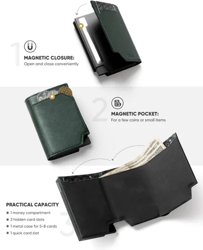 Miniatura 3 de VULKIT Billetera desplegable de metal para hombre, bloqueo RFID inteligente, tarjetero de crédito, cierre magnético, billetera triple de cuero