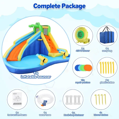 Miniatura 6 de DREAMVAN Tobogán acuático inflable, parque acuático para niños con piscina, pared de escalada, aro de baloncesto, cañón, tobogán acuático de piscina