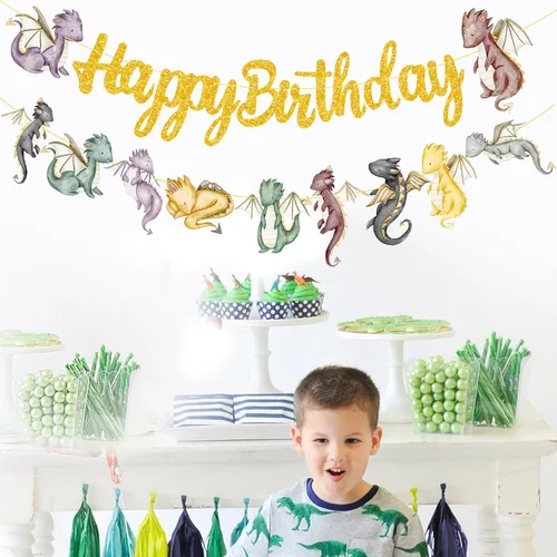 Miniatura 8 de Pancartas de fiesta de cumpleaños de dragón, 2 piezas recortadas de fantasía, pancarta dorada para suministros de baby shower de caballero