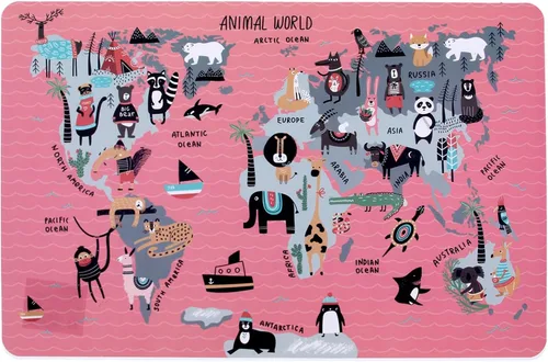 Miniatura 2 de Juego de 3 manteles individuales con diseño de mapa del mundo, diseño educativo de geografía de animales, para niños, mesa de plástico, divertidos