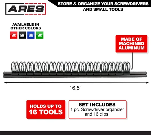 Miniatura 2 de ARES 62026 - Soporte para herramientas de mano negro de 16.5 pulgadas, riel de aluminio almacena hasta 16 destornilladores o herramientas pequeñas