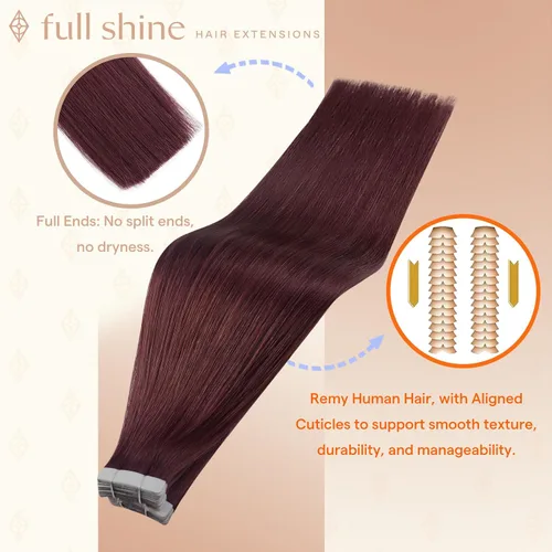 Miniatura 2 de Full Shine - Extensiones adhesivas de cabello humano Remy, 20 unidades, sin costuras, color vino tinto 99J (borgoña), de doble cara, 12 pulgadas