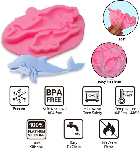 Miniatura 3 de Moldes de silicona para fondant de peces de tortuga marina, 4 paquetes de moldes de chocolate con delfín de coral marino para decoración de Pescado