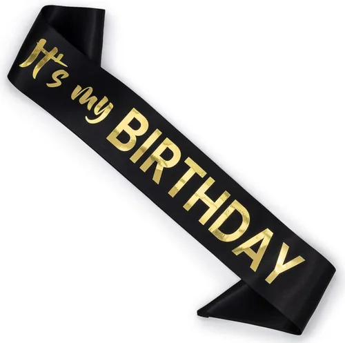 CORRURE Banda «It's My Birthday» con lámina dorada, banda de cumpleaños negra satinada suave para mujeres, suministros de fiesta y decoraciones para