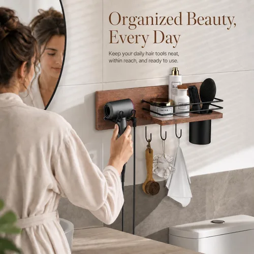 Miniatura 7 de RoleDes Soporte de madera para secador de pelo montado en la pared, organizador de herramientas de pelo de baño, estante de soporte para secador