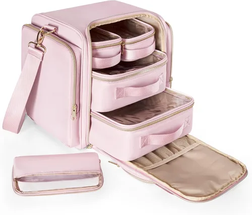 Miniatura 8 de Bolsa de maquillaje de viaje con 5 estuches extraíbles, estuche organizador de maquillaje grande con correa y múltiples bolsillos de almacenamiento