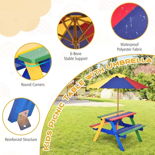 Miniatura 2 de Costzon Mesa de picnic para niños, mesa y sillas de madera de abeto para exteriores con paraguas extraíble, mesa de picnic para niños pequeños