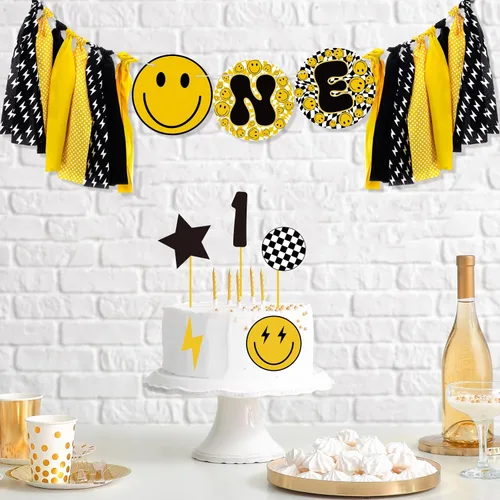 Miniatura 5 de Therwen Cartel para silla alta de One Happy Dude - Cartel de primer cumpleaños con cara de sonrisa y rayo, suministros de fiesta hippie para niños