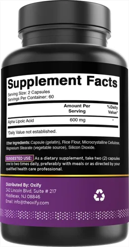 Miniatura 5 de Oxify Ácido alfa lipoico 600 mg 120 cápsulas Sin gluten, sin OMG Suplemento fabricado en Estados Unidos