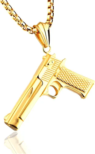 Fusamk Collar con colgante de pistola de acero de titanio Punk Rock, cadena de eslabones de 22 pulgadas, Acero de titanio, No es una piedra preciosa