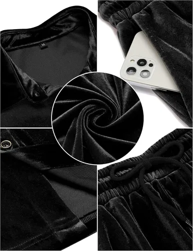 Miniatura 61 de LecGee Conjunto de pantalones cortos casuales de verano para hombre, camisa de terciopelo de manga corta con botones, pantalones cortos de cintura