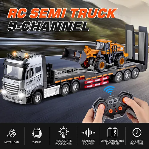Miniatura 2 de Camión semi RC de 9 canales con cabina metálica, camión y remolque de control remoto de 2.4Ghz con luces y sonidos, regalo de cumpleaños para niños