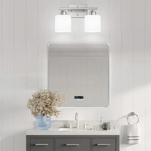Miniatura 6 de Luz de baño de níquel cepillado, Luz de tocador de baño de 2 luces de níquel cepillado, Lámpara de tocador con pantallas de vidrio esmerilado blanco