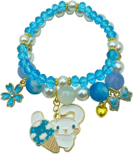Pulsera de cristal Kawaii con cuentas elásticas de dibujos animados, conjunto de pulseras a juego de pulseras de cuentas de cristal azul, rosa y