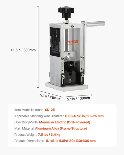Miniatura 7 de VEVOR Máquina peladora manual de cables, pelador de cobre de 0.06 a 1.18 pulgadas con manivela o taladro accionado, referencia de profundidad