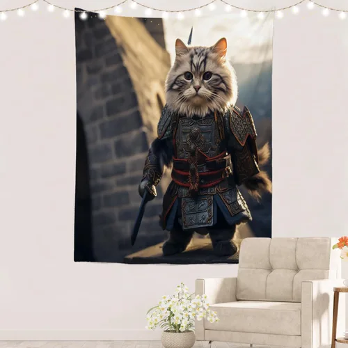Miniatura 12 de Batmerry Cat In Armor Polyester Tapestry, Cat Armor Sword Warrior Battle Shield Lightweight Wall Hanging High-Definition Print Backdrop For Dorm