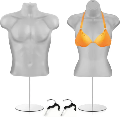 Sintuff Paquete de 2 maniquíes masculinos y femeninos con soporte de metal, ganchos para colgar, forma de vestido, camisa con espalda hueca,