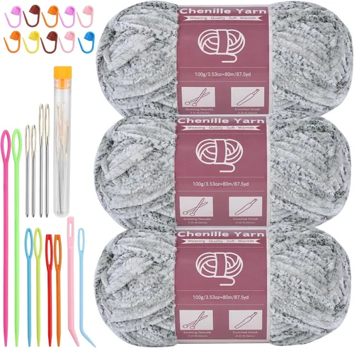 Miniatura 26 de LUNARM Hilado de chenilla para tejer y hacer ganchillo, 3 madejas de 240 metros de hilo grueso, suave y voluminoso, para tejer mantas, ropa y Beige