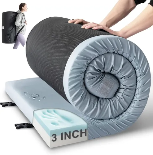 Kingfun Colchón de espuma viscoelástica CertiPUR-US de 3 pulgadas, impermeable, enrollable, tapete grueso para dormir para tienda de campaña con