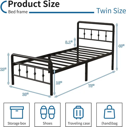 Miniatura 2 de DiaOutro Base de cama clásica de metal con cabecero y estribo, 16 pulgadas, no necesita somier, resistente estilo victoriano, base de Negro mate