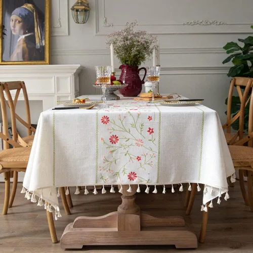 Miniatura 11 de AMZALI Mantel cuadrado de lino de algodón con bordado de hojas, diseño para granja, con borlas, sin arrugas, cubierta de mesa para decoración