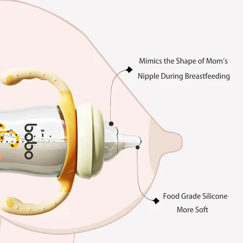 Miniatura 5 de YOHKOH Biberón de vidrio natural con pezón de respuesta natural, biberones de cuello ancho con asa, juego de biberones anticólicos para recién