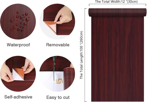 Miniatura 8 de CHIHUT Papel tapiz de madera color rojo burdeos de 12 x 100 pulgadas, despegar y pegar, extraíble, de grano de madera envejecida, papel de contacto