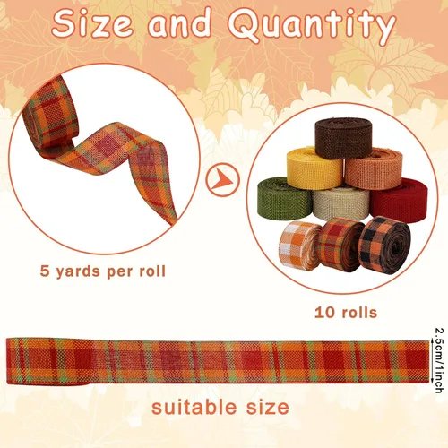 Miniatura 2 de Whaline 10 rollos de cinta de arpillera a cuadros de otoño de 50 yardas de 1 pulgada de cinta decorativa para otoño, Acción de Gracias