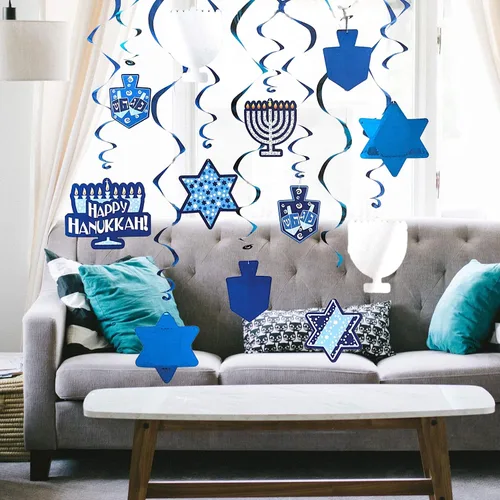 Miniatura 5 de The Dreidel Company Decoraciones de Remolinos de Hanukkah, Incluye 12 Remolinos con Recortes de Hanukkah de Papel de Aluminio de 24" y Remolinos