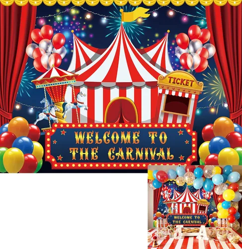Miniatura 9 de Telón de fondo de circo de carnaval de 7 x 5 pies, carpa de circo, telón de fondo para fiesta, carrusel, taquilla, fondo para niños, niños, bebés
