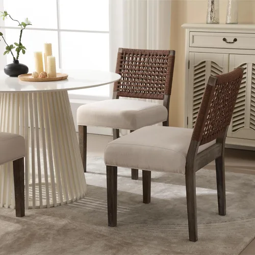 Miniatura 4 de chairus Juego de 2 sillas de comedor tapizadas, sillas de comedor costeras bohemias con respaldo de cuerda tejida de nogal marrón, patas de madera