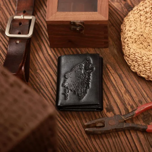 Miniatura 2 de skneephate Cartera personalizada de lobo para hombres, billeteras triples para hombres, con bloqueo Rfid, carteras de cuero, regalos para él