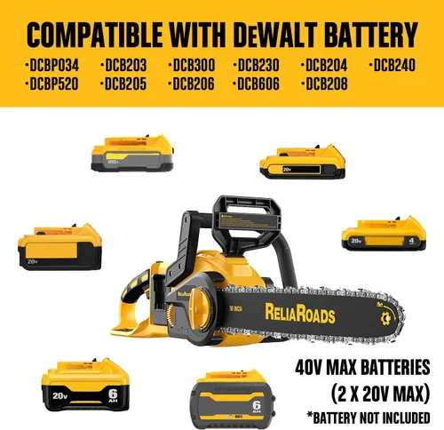 Miniatura 2 de ReliaRoads - Motosierra sin escobillas de 16 pulgadas, de 40V (2 x 20V MAX) inalámbrica con batería recargable compatible con batería DeWALT, ideal