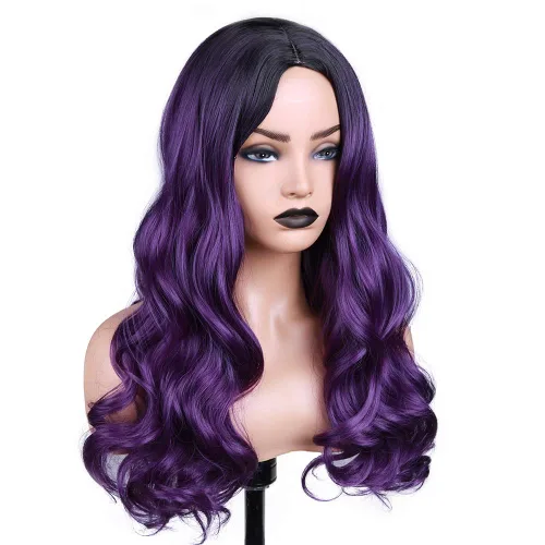 Miniatura 7 de Pelucas largas, rizadas y onduladas, en color morado degradado, de pelo sintético, resistentes al calor, 2 tonos, raíces oscuras, para mujeres