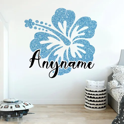 Calcomanía de pared personalizada con nombre retro de verano para niñas, diseño de hibisco, vinilo DTF, extraíble, para habitación de niños,