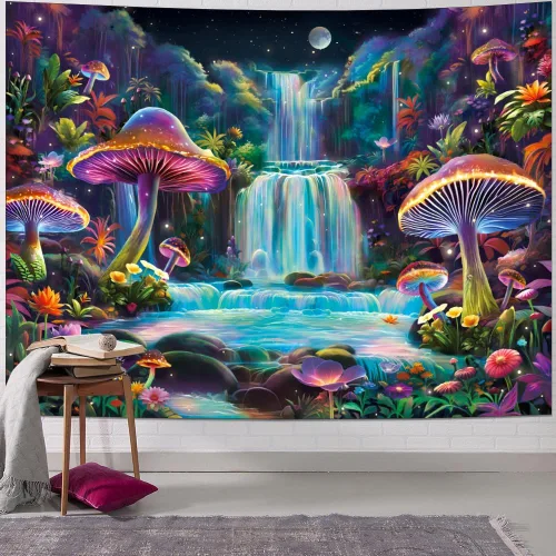 Miniatura 2 de Dermijer Tapiz de luz negra, tapiz de fantasía, bosque de hongos, tapices reactivos a los rayos UV, tapices de cascada, luna, noche, neón, flores
