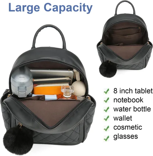 Miniatura 4 de Mini mochila de moda para niñas, bolso pequeño lindo de cuero a cuadros para mujer, mochilas pequeñas, Negro -, Mini mochila de moda para niñas