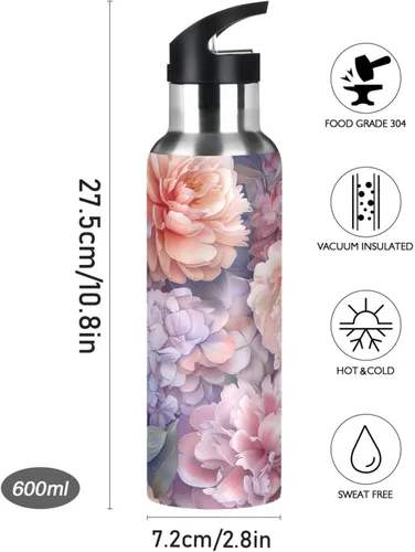 Miniatura 9 de BPA-Free Sport Water Bottle Insulated 20 Oz, Stainless Steel Vacuum Insulated Water Bottle for Gym Outdoor Travel School, Watercolor Peonies
