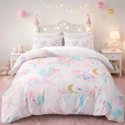 Miniatura 26 de BEDMUST Funda de edredón de unicornio tamaño individual, suave y lindo juego de ropa de cama de unicornio rosa con hojas de flores y pájaros azules