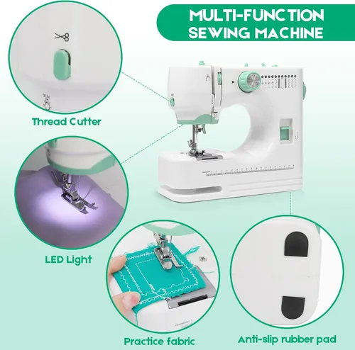 Miniatura 8 de Máquina de coser para principiantes con 12 puntadas integradas, 6 pies incluidos, máquina de coser portátil con pedal de pie, velocidades altas-bajas