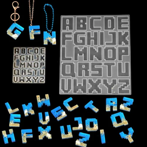 2 moldes de resina para llavero del alfabeto, molde epoxi de letras de píxeles, molde de silicona de joyería para colgantes de resina DIY
