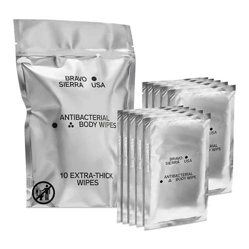 Toallitas corporales de Bravo Sierra – 10 toallitas de ducha biodegradables extragruesas envueltas individualmente con cloruro de benzalconio y aloe