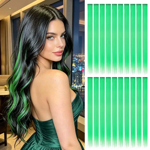 Miniatura 26 de 20 extensiones de cabello con clip de colores para niñas, extensiones de cabello arcoíris multicolor de 20 pulgadas, reflejos instantáneos, piezas