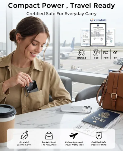 Miniatura 6 de Banco de energía, cargador portátil de 15000 mAh con cable integrado, carga rápida de 22.5 W, 6 salidas, batería esencial de viaje delgada