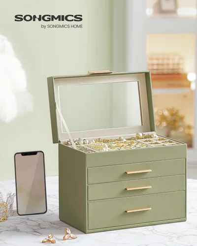 Miniatura 2 de SONGMICS Joyero con tapa de cristal, organizador de joyas de 4 capas, 3 cajones, para gafas de sol, joyería grande, almacenamiento de joyas
