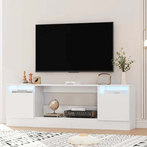 Miniatura 8 de Soporte de TV moderno para TV de hasta 75 pulgadas, armarios de mesa de consola de televisión blancos de 70 pulgadas con almacenamiento y luces LED