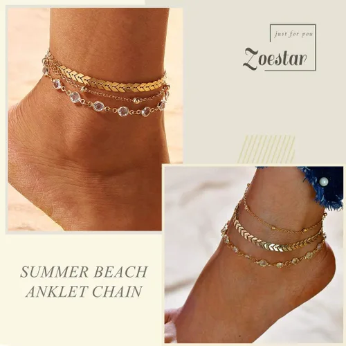 Miniatura 4 de Zoestar Pulsera para el tobillo de tres capas Cadena con hojas, accesorios de joyería para pie, para mujeres y niñas