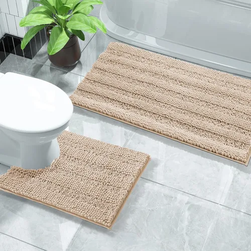 Miniatura 26 de Yimobra Juego de 2 alfombras de baño de felpilla suave y absorbente y alfombra para inodoro en forma de U, antideslizante, lavable a máquina