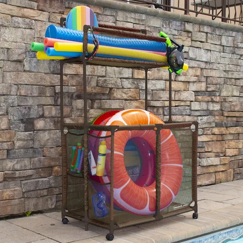 Miniatura 3 de Organizador de Equipos de Almacenamiento para Piscina - Fideos, Juguetes, Pelotas y Flotadores, Contenedor Rodante de Malla de Doble Nivel, Grande